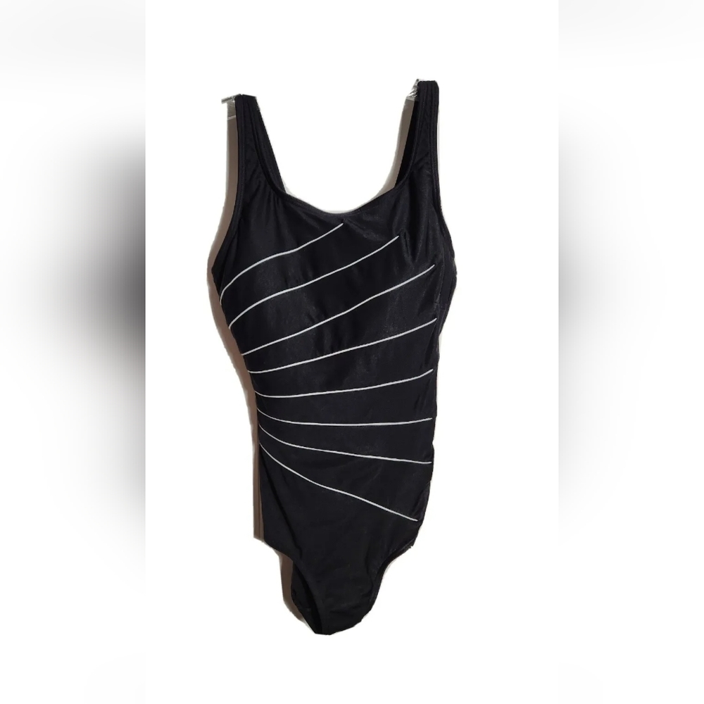 Womens Swimsuit Black Size M White Stripes Piping High Coverage Summer Beach